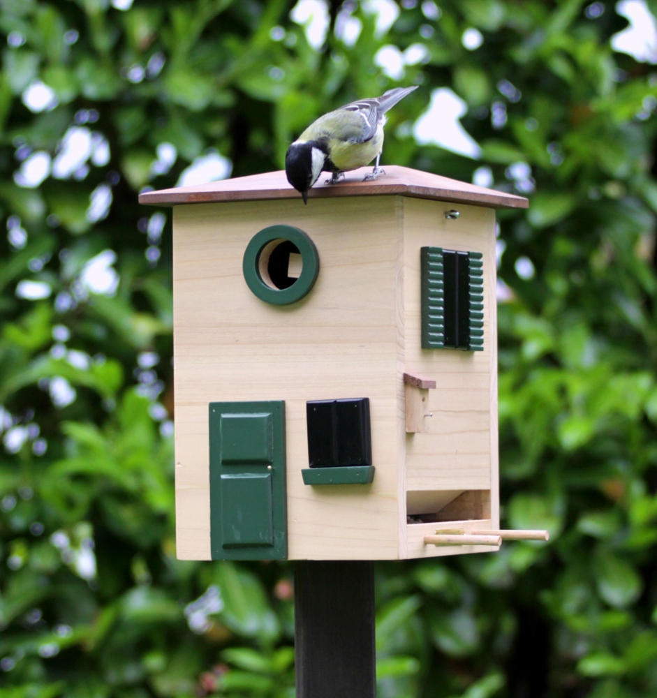 Vogelhuisje op paal van het Zweedse wildlife Garden